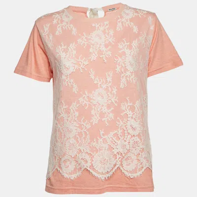Pre-owned Miu Miu Peach Jersey Lace Front T-shirt M In Pink
