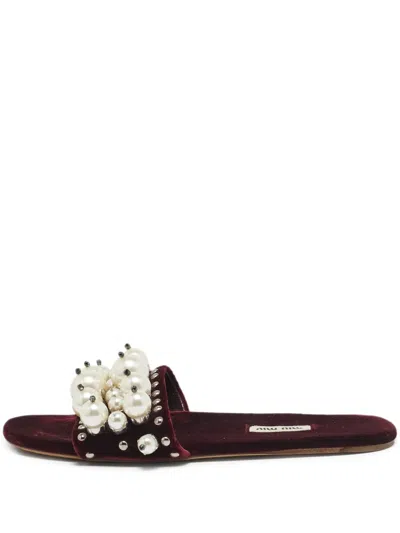 Pre-owned Miu Miu Pearl-embellished Flat Slides