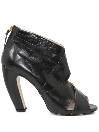 Pre-owned Miu Miu Peep-toe Leather Booties In Black