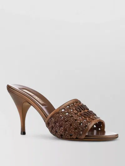 Miu Miu Peep Toe Woven Design Heeled Mules In Brown