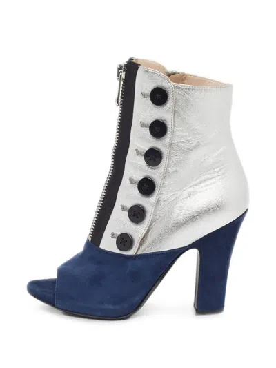 Pre-owned Miu Miu Peep-toe Button-detail Ankle Boots In Silver