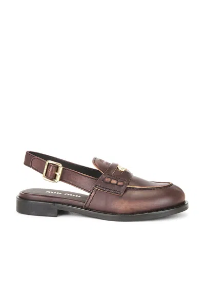 Miu Miu Leather Slingback Loafers Penny Strap Design In Brown