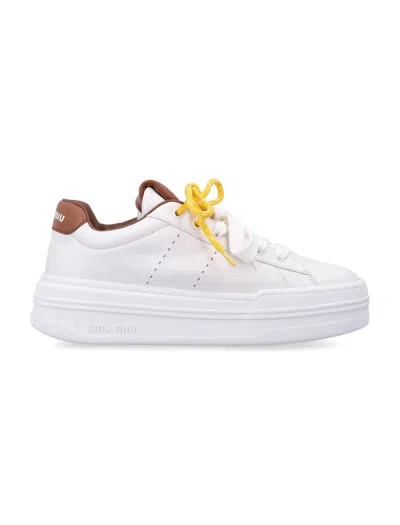 Miu Miu Perforated Calf Leather Double-lace Rope-detail Sneaker In White