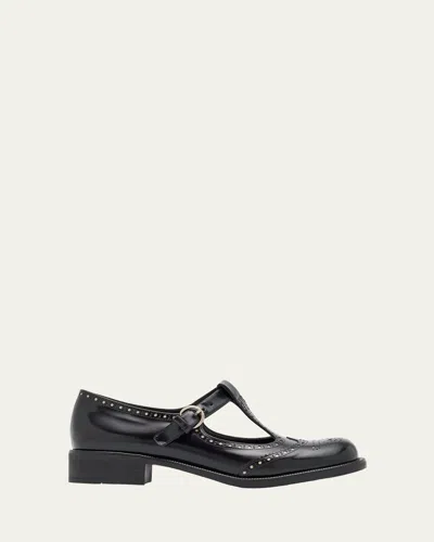 Miu Miu Perforated Leather Mary Jane Loafers In Nero Avorio