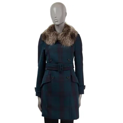 Pre-owned Miu Miu Petrol Blue Wool Tartan Check Fur Trim Belted Coat Jacket 38 Xs