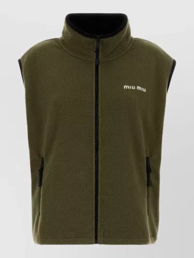 Miu Miu Pile Vest Sleeveless High Collar Pockets In Green