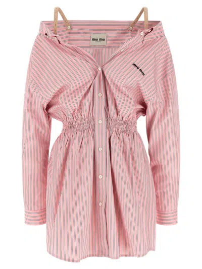 Miu Miu Embroidered Poplin Shirt Dress In Stripped