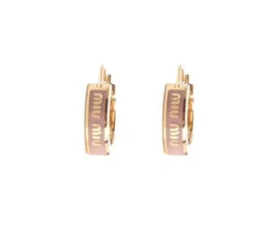 Miu Miu Pink Logo Huggies Earrings In Gold