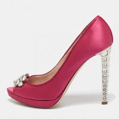 Pre-owned Miu Miu Pink Satin Jewel Embellished Peep Toe Pumps Size 39