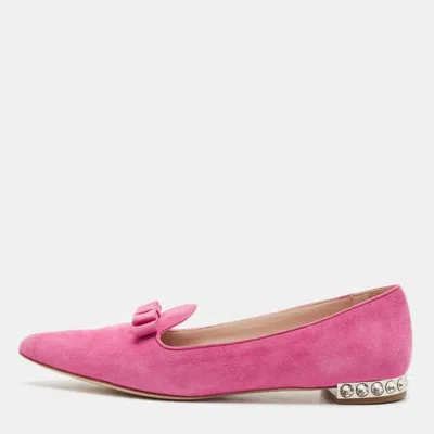 Pre-owned Miu Miu Pink Suede Bow Detail Crystal Embellished Heel Ballet Flats Size 39.5