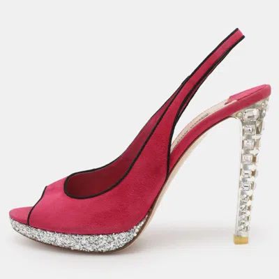 Pre-owned Miu Miu Pink Suede Crystal Heel Slingback Pumps Size 40