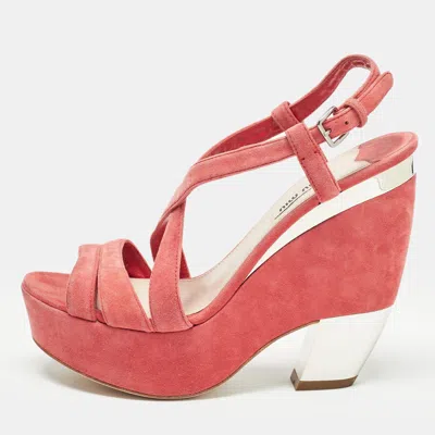 Pre-owned Miu Miu Pink Suede Platform Slingback Sandals Size 38