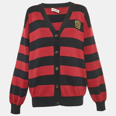 Pre-owned Miu Miu Pink/blue Striped Knit Logo Patch Cardigan S