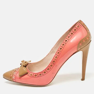 Pre-owned Miu Miu Pink/brown Patent Leather Bow Pointed Toe Pumps Size 39.5