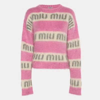 Pre-owned Miu Miu Pink/grey Stripe Logo Print Rib Knit Crop Sweater S