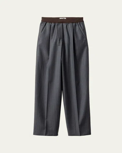 Miu Miu Pinstripe Pleated Wide-leg Drawstring Pants In Gray