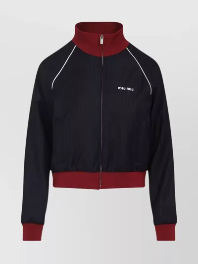 Miu Miu Pinstripe Wool Jacket With Stand-up Collar In Blue