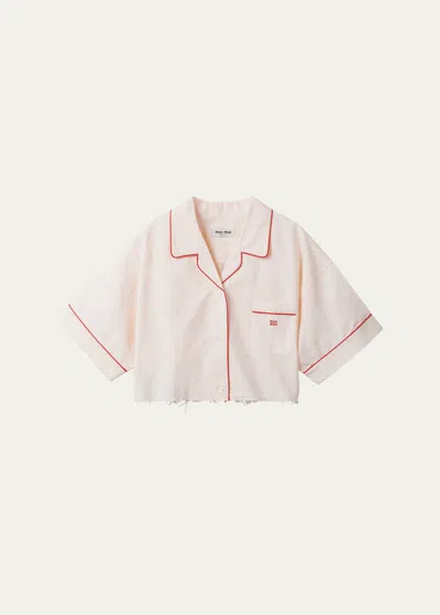 Miu Miu Piped Short-sleeve Cropped Button-front Shirt In F0bhe Pesco Bianc