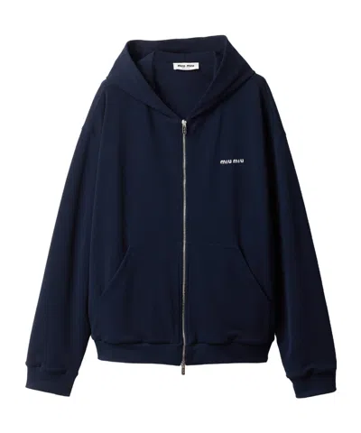 Miu Miu Piqué Cotton Hoodie In Blue