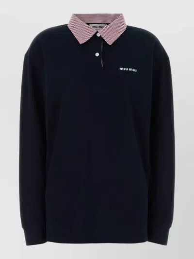 Miu Miu Piquet Oversize Polo Shirt Contrasting Collar In Black