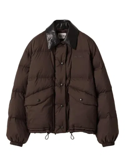 Miu Miu Leather-collar Puffer Jacket In Brown