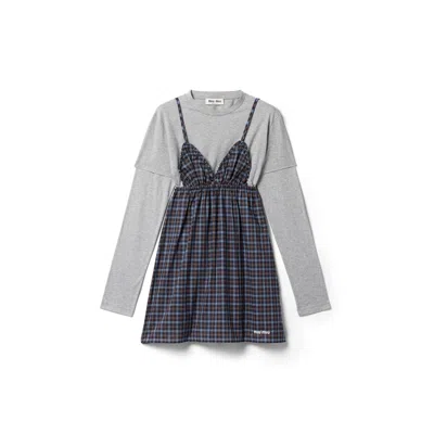 Miu Miu Plaid And Jersey Mini-dress In Blue/cocoa Brown