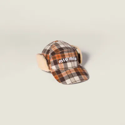 Miu Miu Plaid And Plush Fleece Cap In Brown