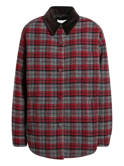 Miu Miu Plaid Coat With Corduroy Collar In Multi