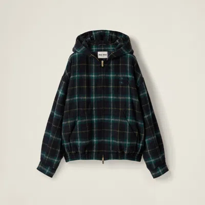 Miu Miu Plaid Hoodie Jacket In Navy
