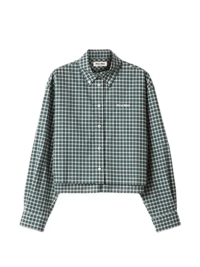 Miu Miu Embroidered Cotton Checkered Shirt In Blue