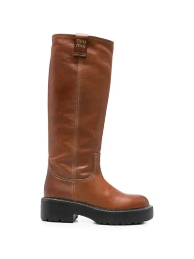 Pre-owned Miu Miu Platform Lug-sole Knee-high Boots In Brown