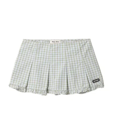 Miu Miu Pleated Check Miniskirt In Gray