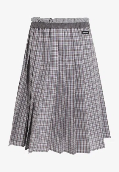 Miu Miu Pleated Check Skirt In Gray