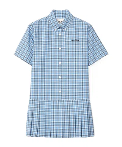 Miu Miu Pleated Checked Poplin Dress In Blue