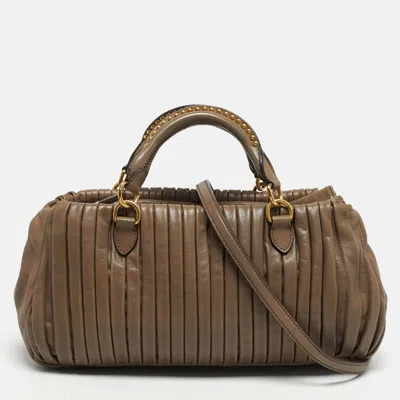 Pre-owned Miu Miu Pleated Dark Beige Leather Satchel In Sand