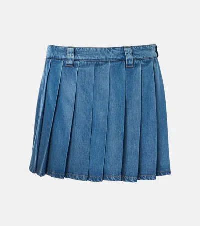 Miu Miu Pleated Denim Miniskirt In Blue