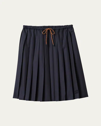 Miu Miu Pleated Drawstring Waistband Wool Skirt In Bleu