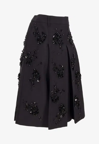 Miu Miu Pleated Embellished Midi Skirt In Black