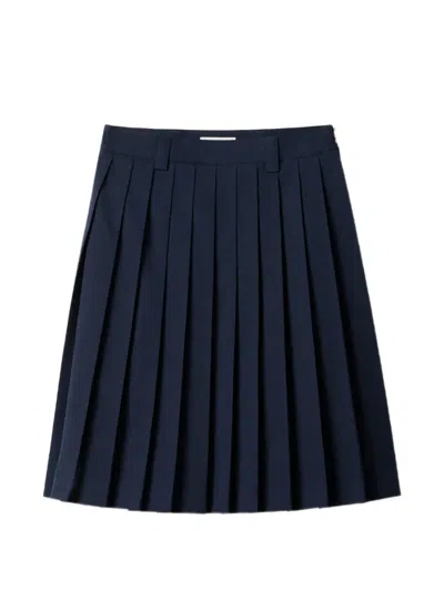 Miu Miu Pleated Logo-embroidered Midi Skirt In Blue