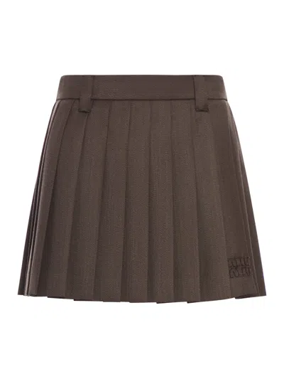 Miu Miu Pleated Mini Skirt In Cover Fabric In Brown