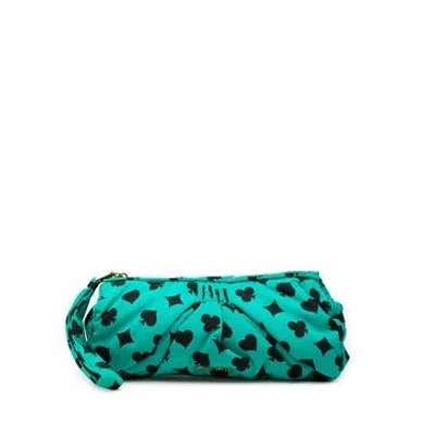 Pre-owned Miu Miu Pleated Nylon Playing Card Print Clutch In Blue