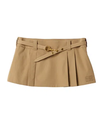 Miu Miu Belted Pleated Cotton Gabardine Mini Skirt In Brown