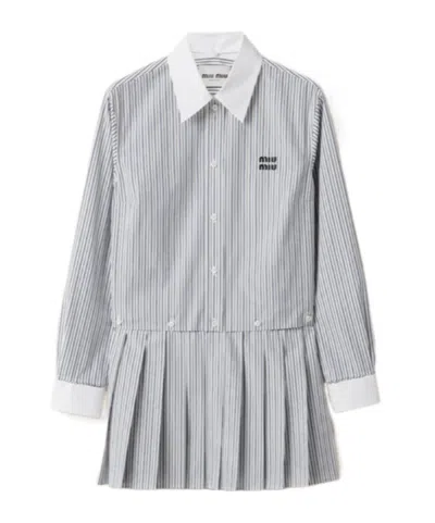 MIU MIU PLEATED STRIPED POPLIN MINI-DRESS