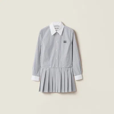 MIU MIU PLEATED STRIPED POPLIN MINI-DRESS