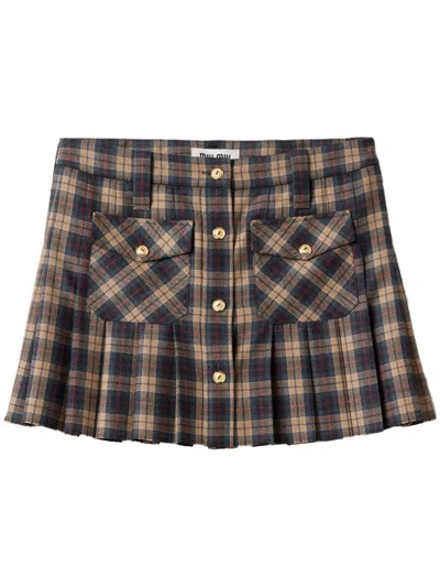 Miu Miu Pleated Tartan Miniskirt In Black