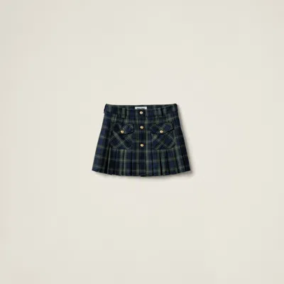 Miu Miu Pleated Tartan Miniskirt In Military Green