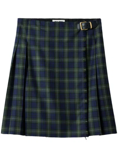Miu Miu Pleated Tartan Skirt In Green