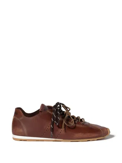Miu Miu Plume Leather Sneakers In Brown