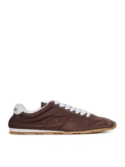 Miu Miu Plume Sneakers In Technical Fabric And Suede In Brown