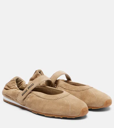 Miu Miu Plume Suede Ballet Flats In Nude